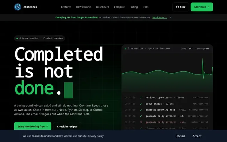 Screenshot of the Crontinel homepage