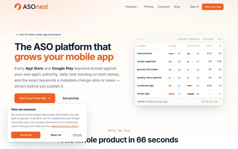 Screenshot of the ASOnest homepage