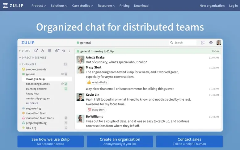 Screenshot of the Zulip homepage