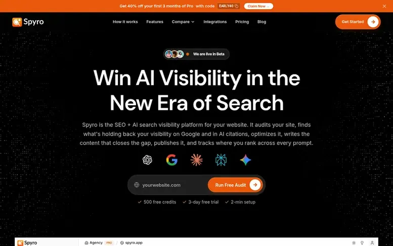 Screenshot of the Spyro AI homepage