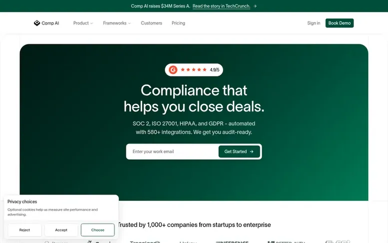 Screenshot of the Comp AI homepage