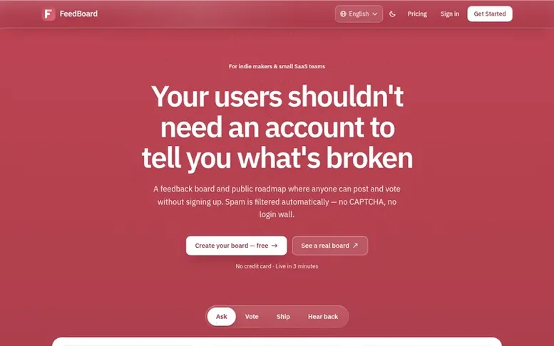 Screenshot of the FeedBoard homepage