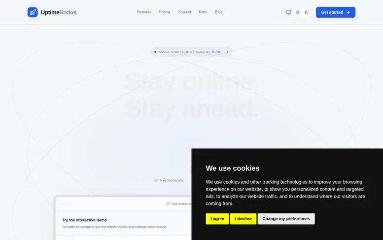 Screenshot of the UptimeRocket homepage