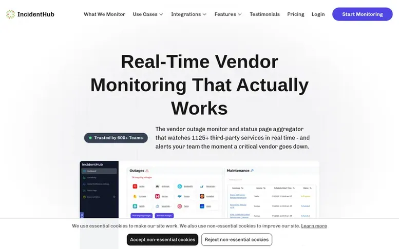 Screenshot of the IncidentHub homepage