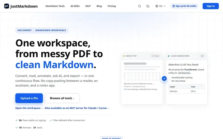 Screenshot of the JustMarkdown homepage