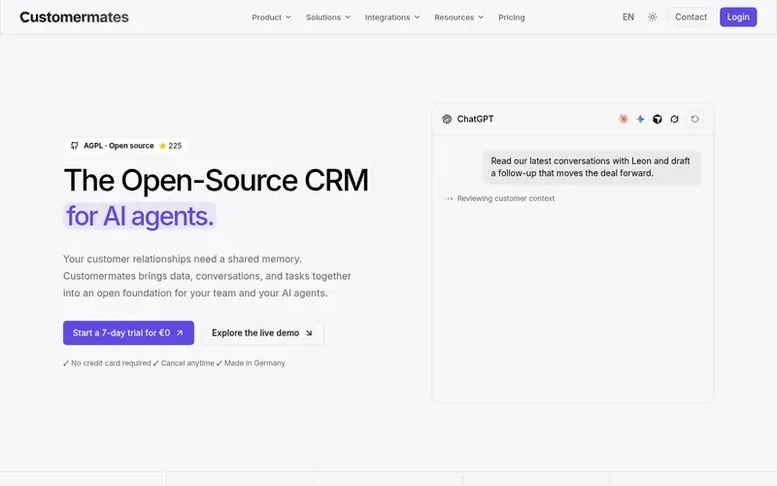 Screenshot of the Customermates homepage