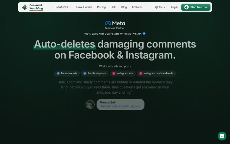 Screenshot of the CommentWatchDog homepage