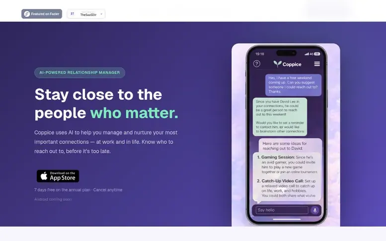 Screenshot of the Coppice homepage
