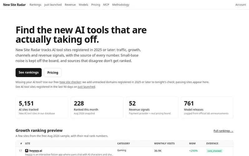 Screenshot of the New Site Radar homepage