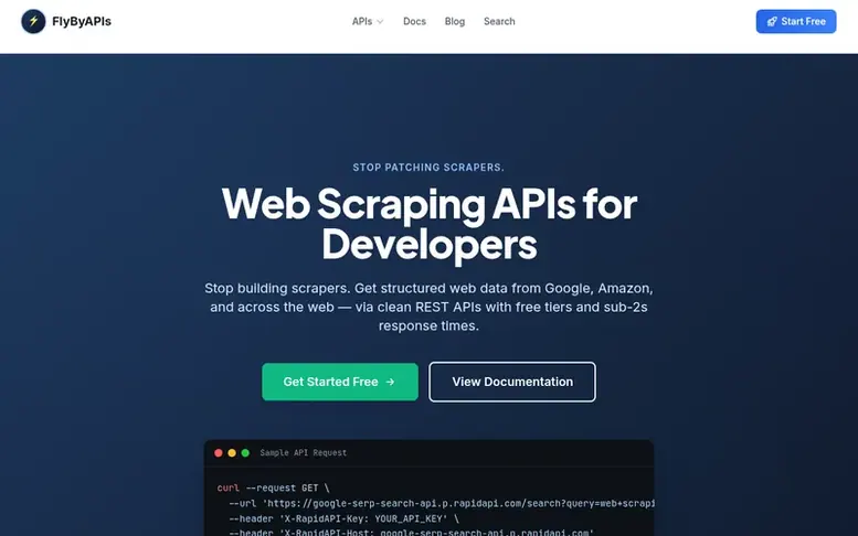 Screenshot of the FlyByAPIs homepage