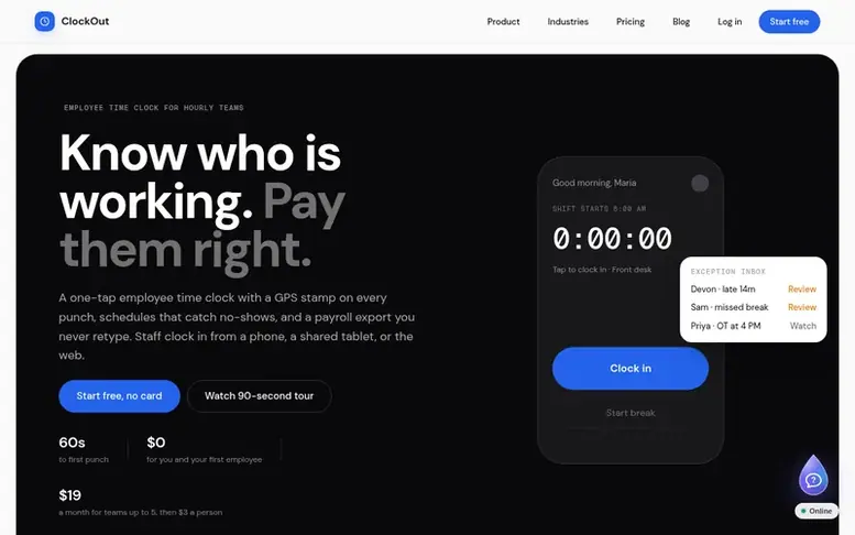 Screenshot of the ClockOut homepage