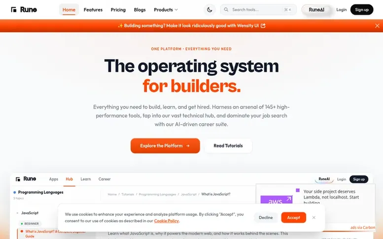 Screenshot of the Rune homepage