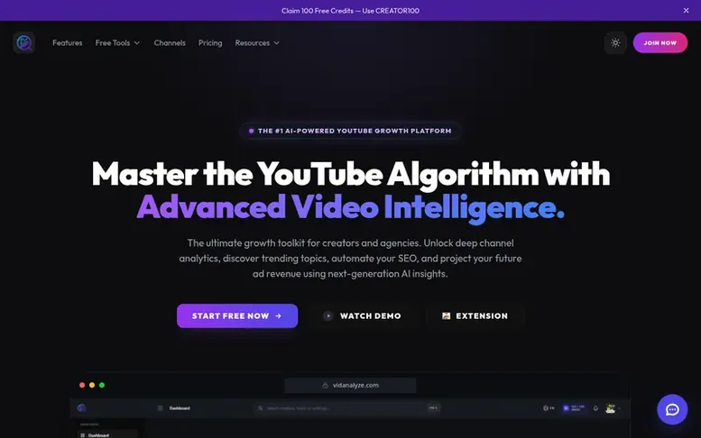 Screenshot of the Vidanalyze homepage