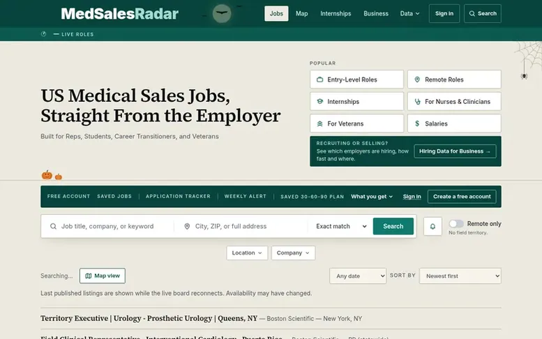Screenshot of the MedSales Radar homepage