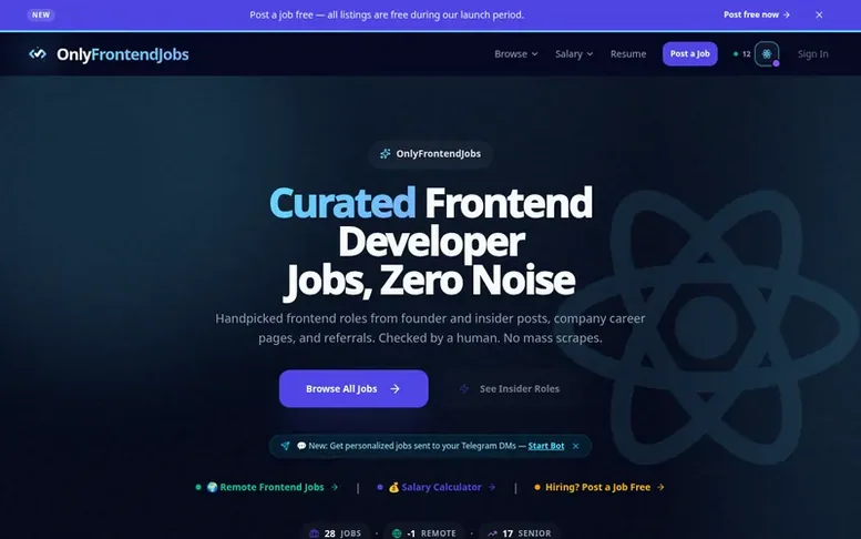 Screenshot of the OnlyFrontendJobs homepage