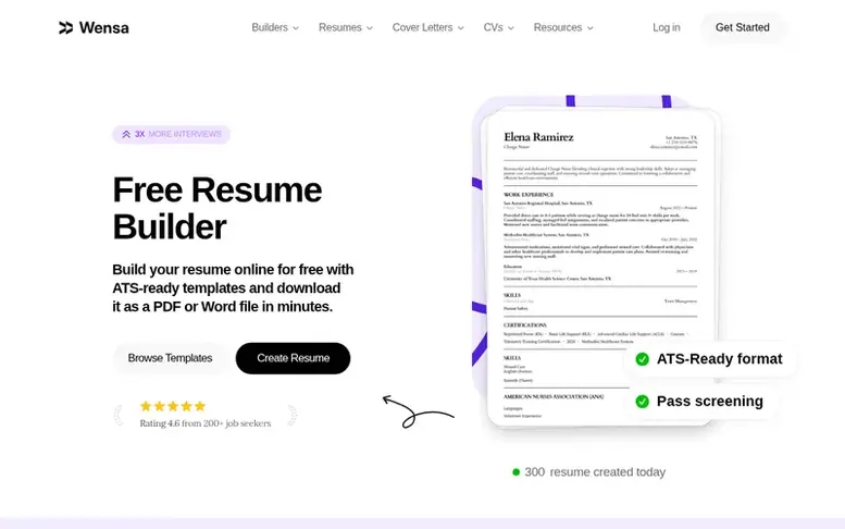 Screenshot of the Wensa homepage