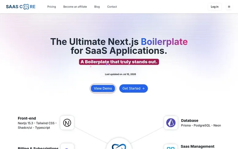 Screenshot of the SaasCore homepage
