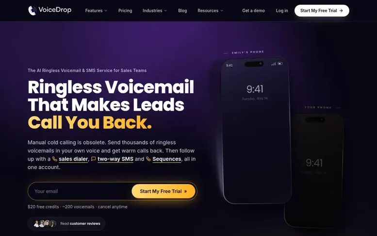 Screenshot of the VoiceDrop homepage