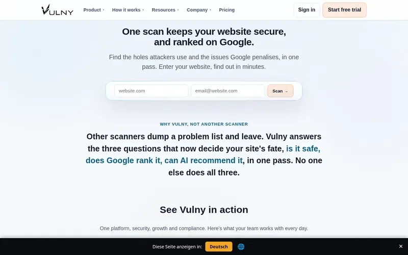 Screenshot of the Vulny homepage