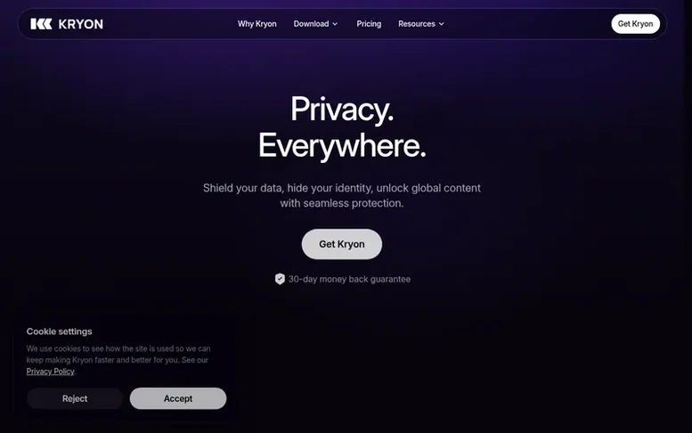 Screenshot of the Kryon VPN homepage