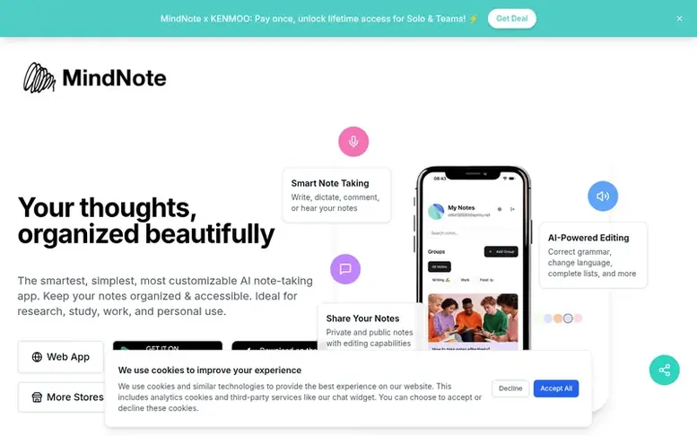 Screenshot of the MindNote homepage