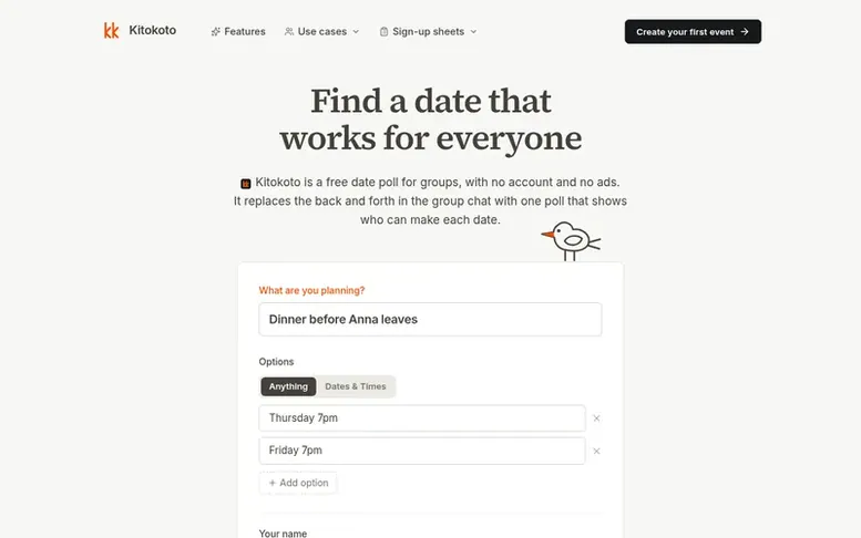 Screenshot of the Kitokoto homepage