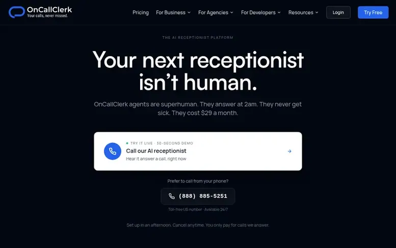 Screenshot of the OnCallClerk homepage
