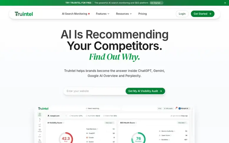Screenshot of the TruIntel homepage