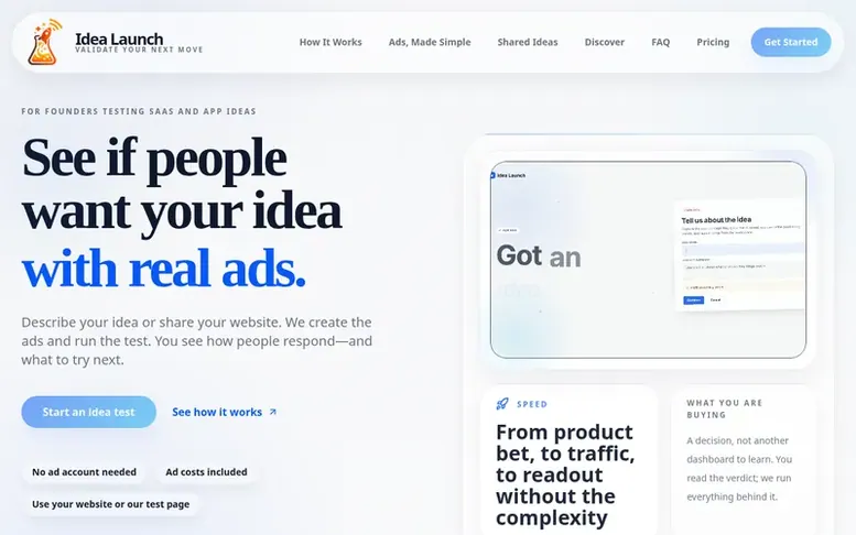 Screenshot of the Idea Launch homepage