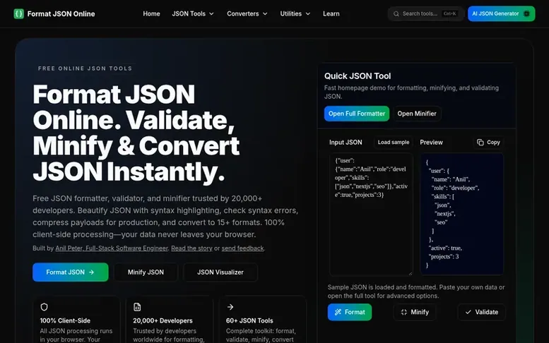 Screenshot of the Format JSON Online homepage
