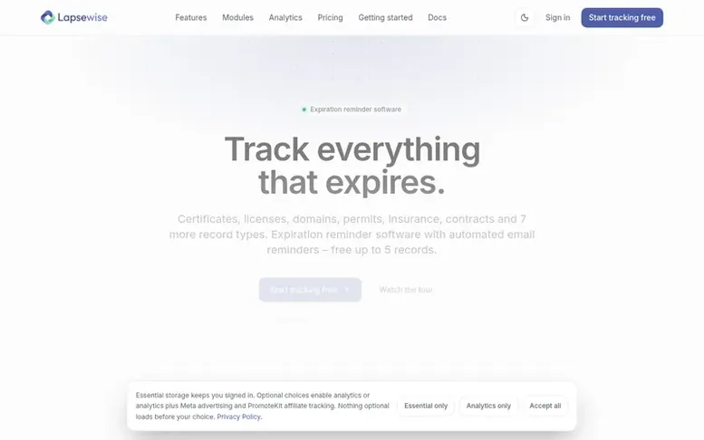 Screenshot of the Lapsewise homepage