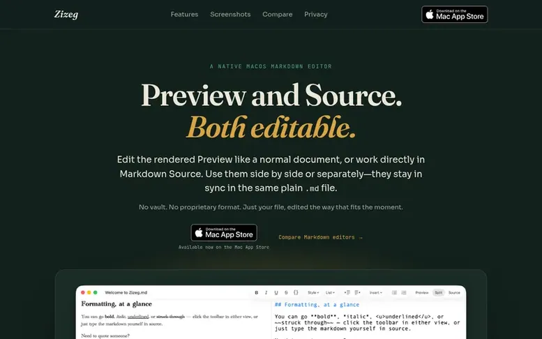 Screenshot of the Zizeg homepage