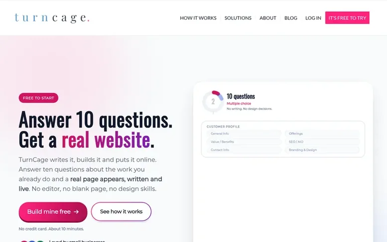 Screenshot of the TurnCage homepage
