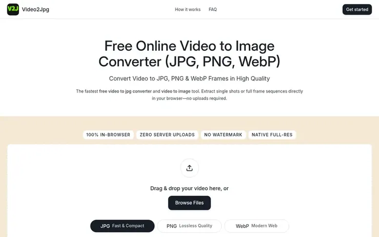 Screenshot of the Video2Jpg homepage