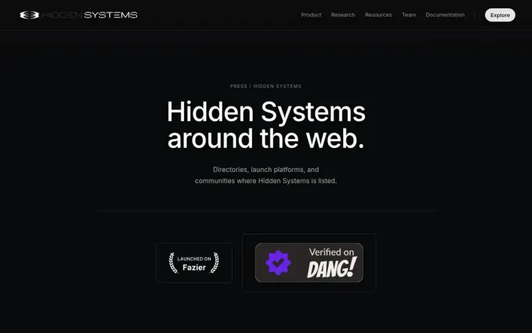 Screenshot of the Hidden Systems homepage