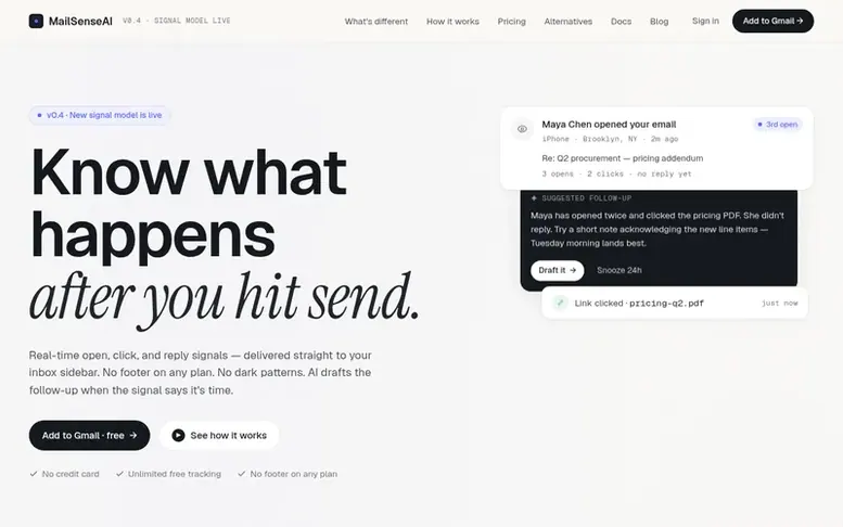 Screenshot of the MailSenseAI homepage