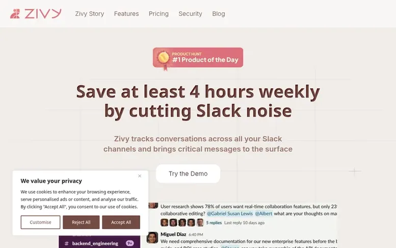 Screenshot of the Zivy homepage