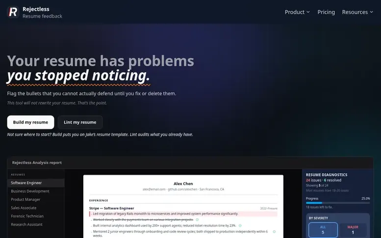 Screenshot of the Rejectless homepage