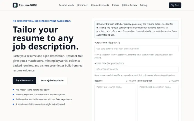 Screenshot of the ResumeFitKit homepage