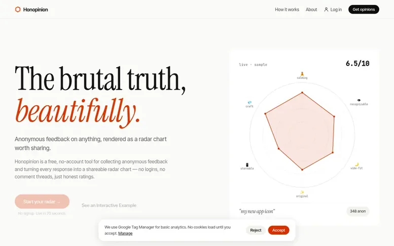 Screenshot of the Honopinion homepage