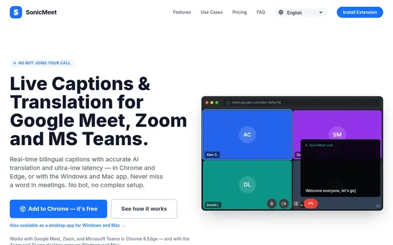Screenshot of the SonicMeet homepage
