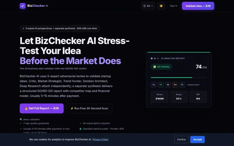 Screenshot of the BizChecker AI homepage