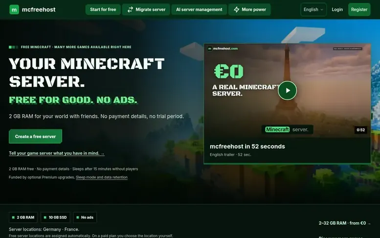 Screenshot of the mcfreehost homepage